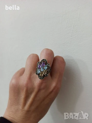 УНИКАТ-ЗЛАТЕН ПРЪСТЕН С ДИАМАНТИ ,АКВАМАРИН ЦИТРИН И АМЕТИСТ, снимка 2 - Пръстени - 50535941