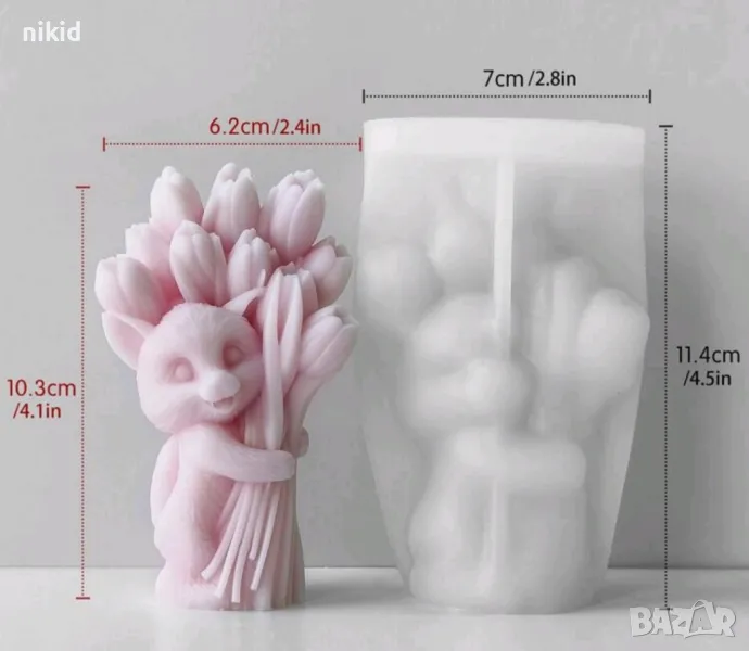 3D Заек с букет лалета лале цветя силиконов молд форма фондан свещ смола шоколад гипс Великден, снимка 1