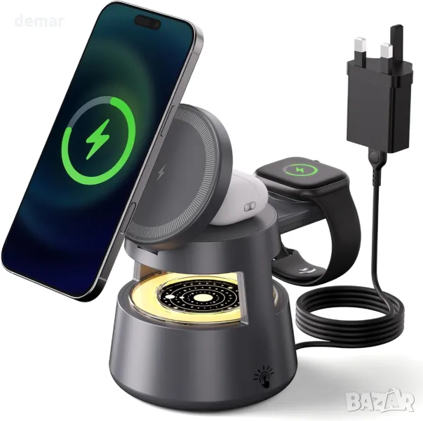 4 в 1 безжична зарядна станция за Apple с нощна светлина, снимка 1