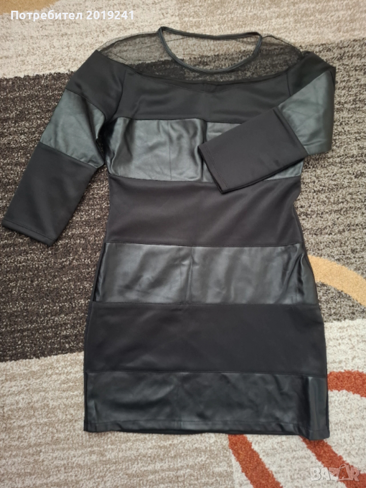 Черна рокля с кожени елементи, снимка 1