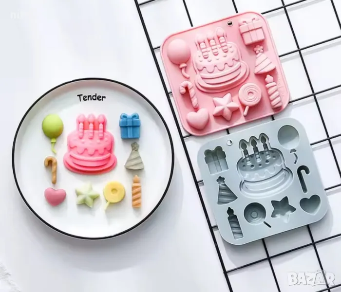 Празник торта свещ балон подарък близалка сърце звезда силиконов молд форма фондан шоколад гипс деко, снимка 1