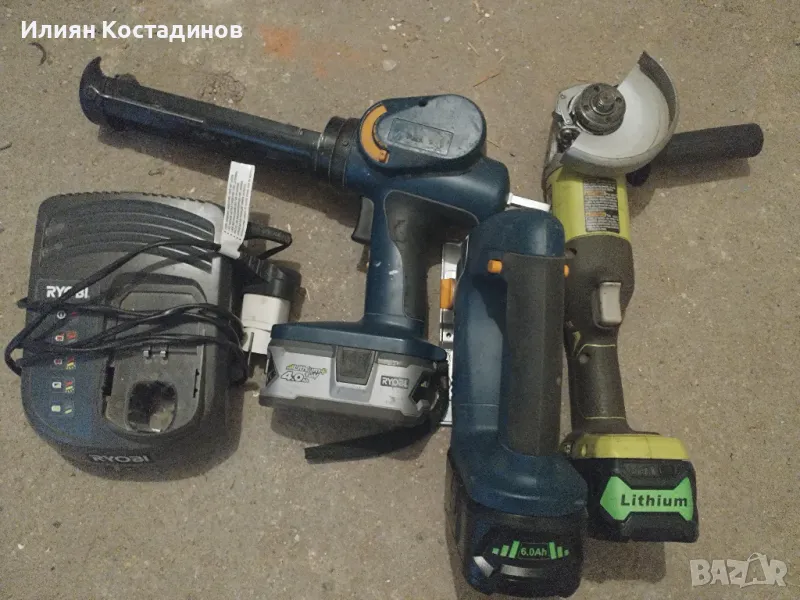 Ryobi 18 v ъглошлайф, зеге, пистолет за силикон, зарядно и батерии, снимка 1