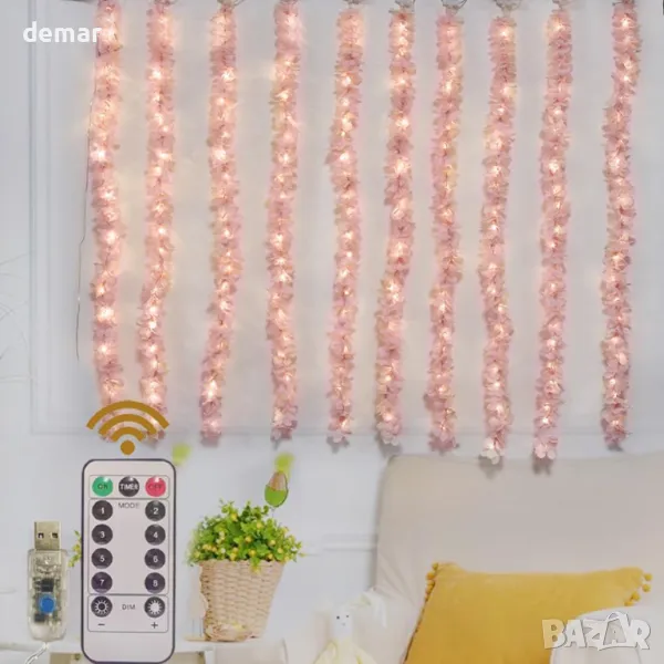 GUOCHENG Cherry Blossom Curtain Lights, 10 х 1 м висящи гирлянди, дистанционно, USB, розови, снимка 1