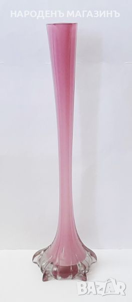 МУРАНО - 60 см. Много висока ваза с пет страни двуслойно цветно стъкло цветя , снимка 1