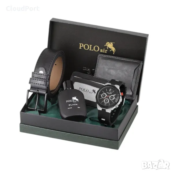 Мъжки комплект, POLO Air, Портфейл, Колан, Черен Часовник, 50 мл Парфюм, Черен, снимка 1