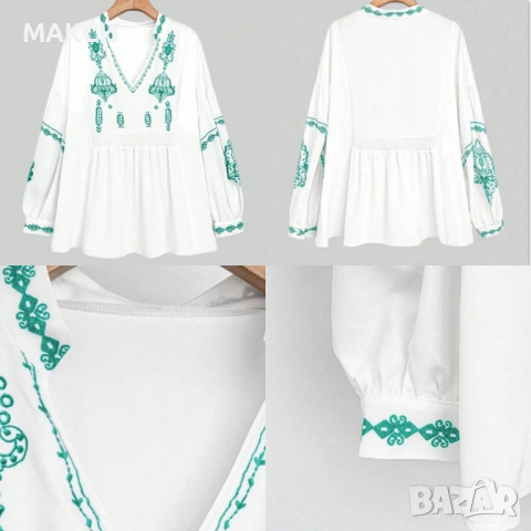 Макси разкошна туника с красива етно зелена щампа, широки 3/4 ръкави и еластична под гръдна в бяло