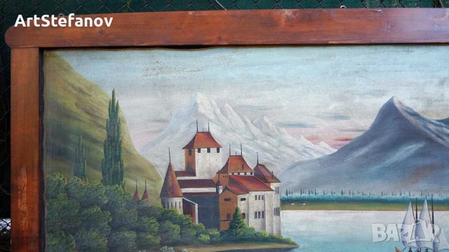 Стара антикварна маслена картина - пейзаж с езеро и замък от Алпите, голям размер 80см / 170см., снимка 5 - Антикварни и старинни предмети - 53444820