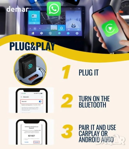 Безжичен CarPlay 2026, съвместим с Android Auto | Bluetooth адаптер за iPhone и Android, снимка 3 - Аксесоари и консумативи - 53429492