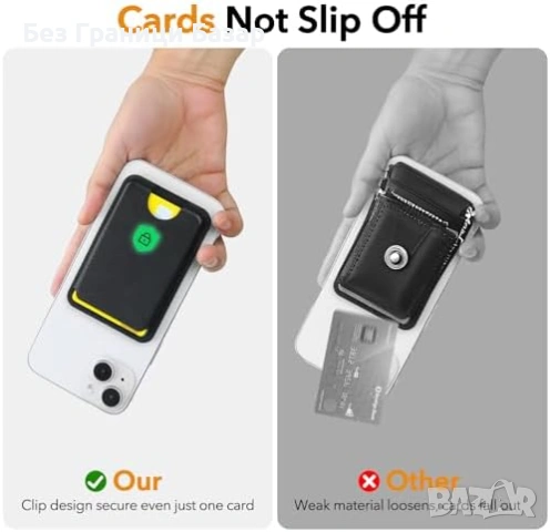 Нов MagSafe Магнитен Портфейл с Поставка и RFID Защита – 4 Карти, Тънък за телефон Айфон, снимка 7 - Селфи стикове, аксесоари - 53308189