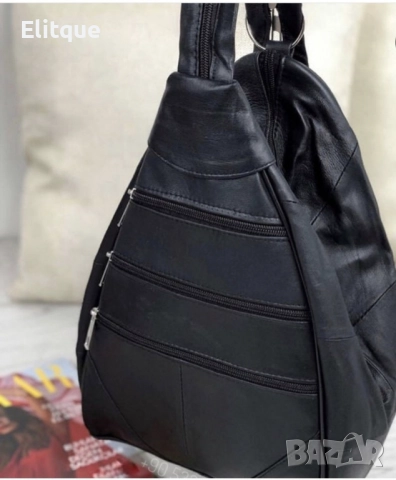 Модерна дамска черна раница с ципове от естествена к. 37х23 см., снимка 4 - Раници - 52895170