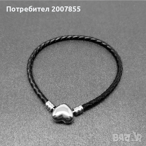 Кожена гривна Pandora сребърно сърце, снимка 2 - Гривни - 53802191