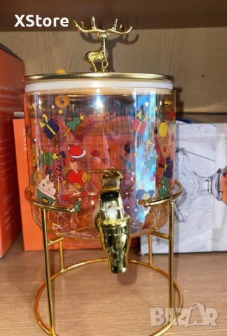 Стъклен диспенсър за напитки 2.6 L с коледен дизайн и златиста стойка, снимка 7 - Други стоки за дома - 52440284
