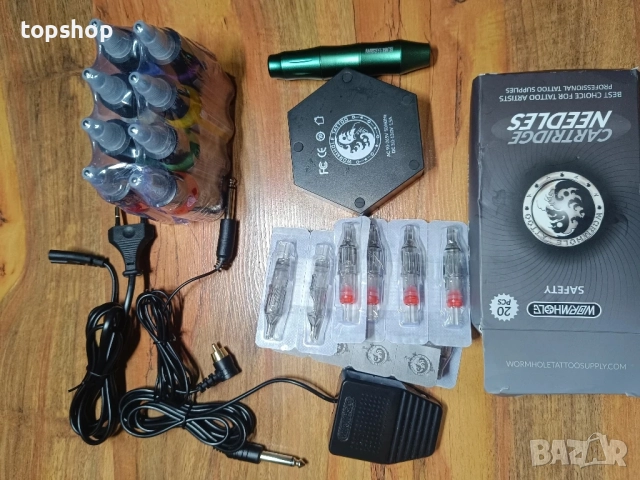 НОВ комплект за татуировки Wormhole Tattoo WTK106, ротационна със захранване, 15 игли, 8 мастила..., снимка 10 - Друго оборудване - 51636323