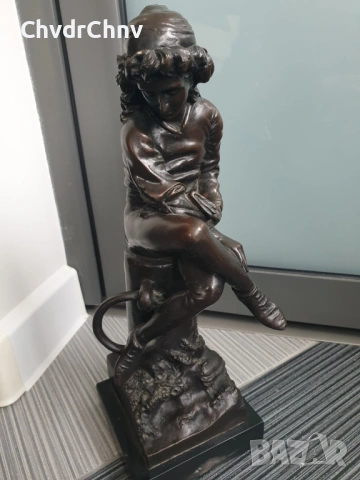 Boverie статуетка 36см-4кг/френска бронзова скулптура/фигура на момче с книга край море