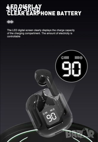 VEHOP Power Ultrapods TWS Earbud, Bluetooth слушалки с дисплей, прозрачен дизайн, 30 часа възпроизве, снимка 8 - Bluetooth слушалки - 45009520