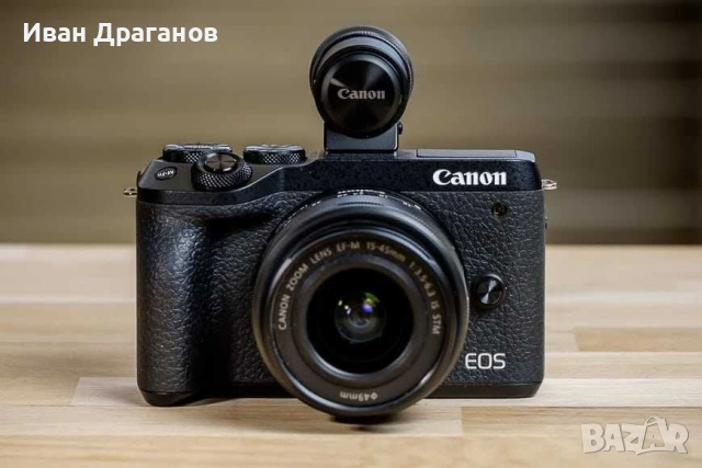 Canon M6 Mark II + визьор + EF адаптер Viltrox + Батерия и обектив