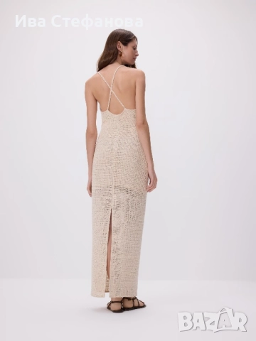 Нова дълга  елегантна плетена фабрично плетиво елегантна рокля 3Д 3D цвете роза екрю цвят бежова , снимка 6 - Рокли - 42560711