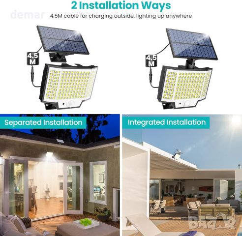 2 броя стенни соларни лампи 160LED, сензор за движение, дистанционно, IP65 водоустойчиви 3 режима, снимка 5 - Соларни лампи - 45098622