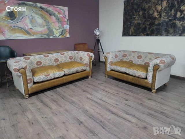 Комплект дивани тройка и двойка от плат и кожа тип Честърфийлд, снимка 12 - Дивани и мека мебел - 46474621