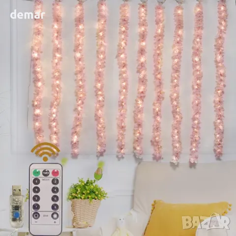 GUOCHENG Cherry Blossom Curtain Lights, 10 х 1 м висящи гирлянди, дистанционно, USB, розови, снимка 1 - Декорация за дома - 48442750