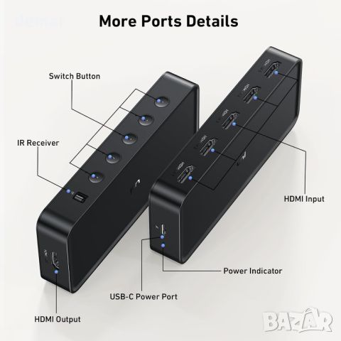 uni HDMI превключвател 5 входа - 1 изход 4K@60Hz, HDMI превключвател с дистанционно, снимка 6 - Друга електроника - 46561211