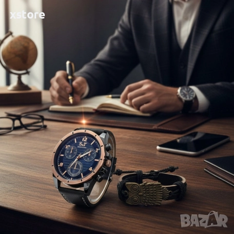 Мъжки часовник S&T Seek Time с кожена гривна – подаръчен комплект, снимка 4 - Мъжки - 52790940