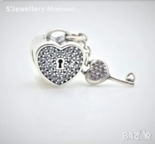 Сребърен елемент PANDORA 925 Pavé Padlock Heart & Key Charm , снимка 3 - Гривни - 47009343