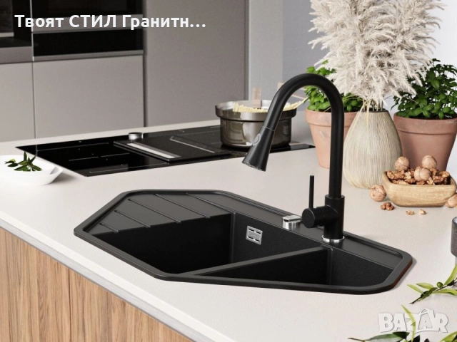 Черна ъглова кухненска гранитна мивка Копенхаген 900 Corner 900x500 мм, снимка 2 - Мивки - 51892470