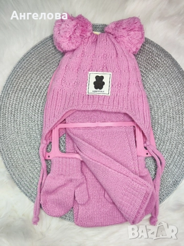 Зимен комплект шапка, шал и ръкавички за момиче 0-18м, снимка 3 - Бебешки шапки - 38558370