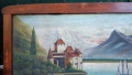 Стара антикварна маслена картина - пейзаж с езеро и замък от Алпите, голям размер 80см / 170см., снимка 5