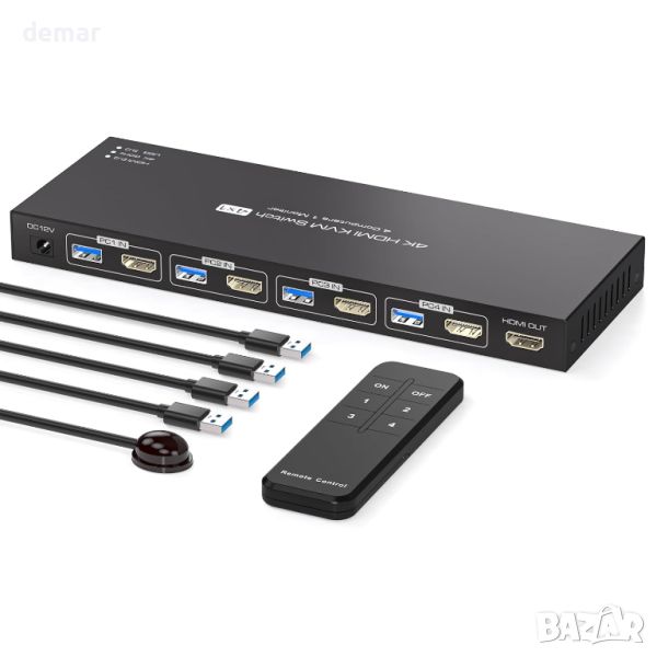 PVBCTCSID KVM HDMI суич 1 монитор - 4 компютъра 4K@60HZ, дистанционно, 4 USB порта, снимка 1