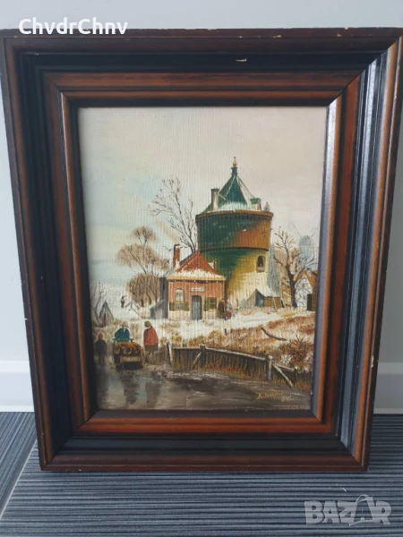 54х44см/малка картина масло върху платно/пейзаж/къщи-каменна кула-мелница/1986/дървена рамка, снимка 1