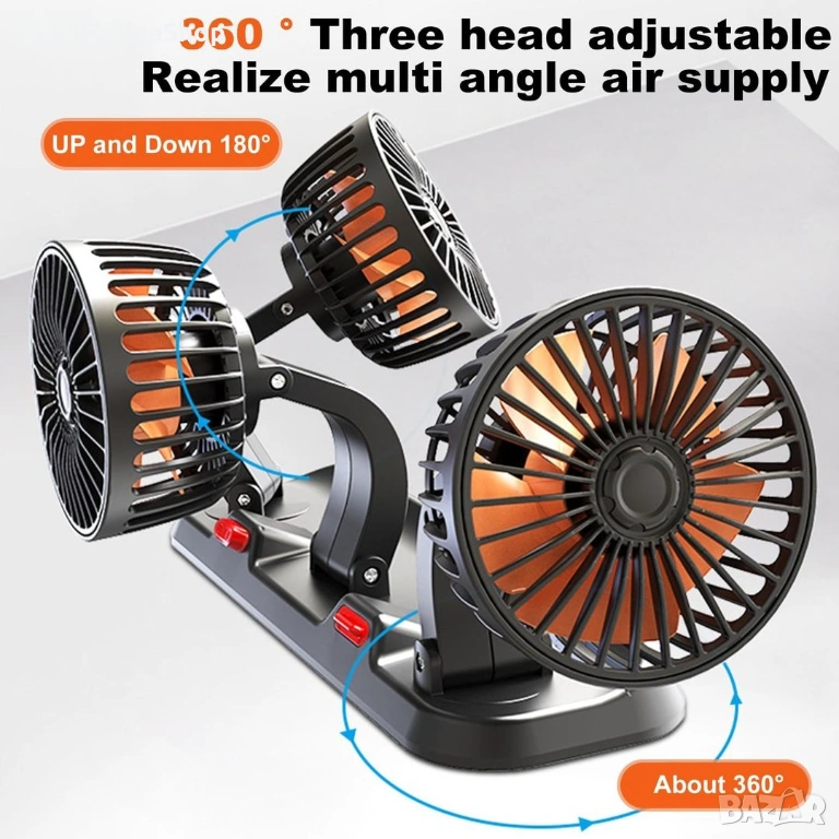 Вентилатор с 3 перки  12V за автомобили, бусове. Триглав 360° въртящ, снимка 1