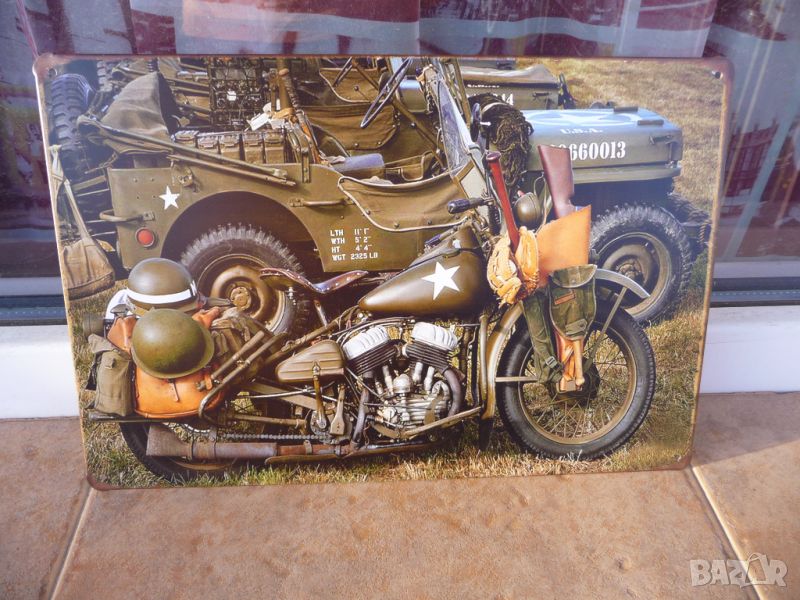 Метална табела мотор мотоциклет джип военен пушка каска гуми военна техника, снимка 1