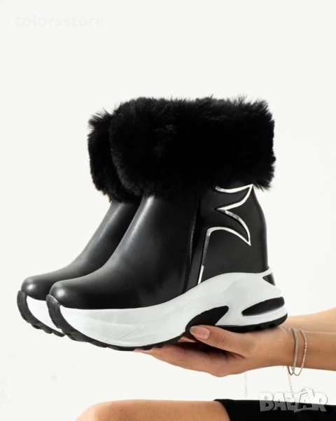 Боти на платформа - черна кожа с пух - BH2025 , снимка 1