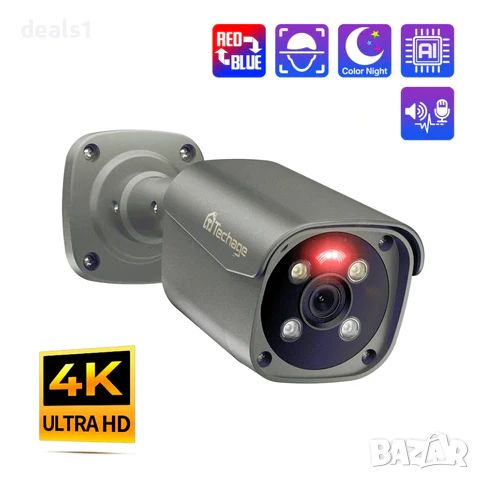 Techage Ultra HD 4K PoE 48V Външна IP Водоустойчива Охранителна Камера 8MP XMeye APP, снимка 1