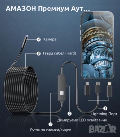 ANESOK 5 м USB Индустриален  Ендоскоп 3-в-1 iOS & Android/7.9mm/5м твърд кабел/1920Х1440P/IP67/8 LED, снимка 9 - Камери - 46607123