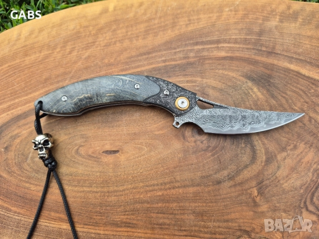 Уникален сгъваем ръчно изработен нож,Дамаска стомана VG10 с кания, снимка 10 - Ножове - 51442841
