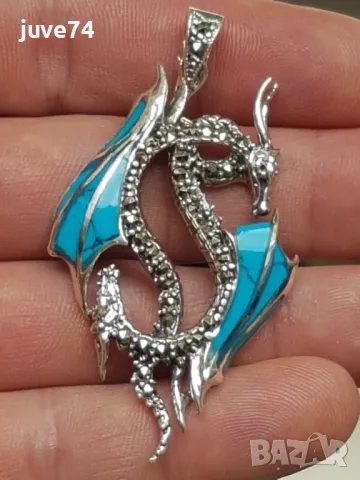 СРЕБЪРНА ВИСУЛКА-ДРАКОН С ТЮРКОАЗ И МАРКАЗИТИ