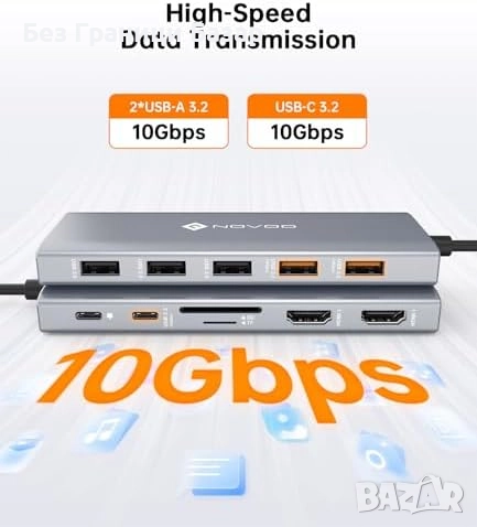 Нова 12 в 1 USB-C докинг станция с Dual 4K HDMI, VGA и 100W зареждане, снимка 6 - Друга електроника - 52742638