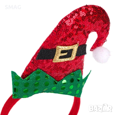 Коледна диадема за глава с елфска шапка червени пайети_1184247, снимка 2 - Шноли, диадеми, ленти - 52690946