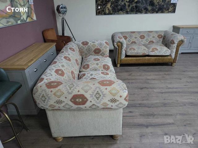 Комплект дивани тройка и двойка от плат и кожа тип Честърфийлд, снимка 5 - Дивани и мека мебел - 46474621