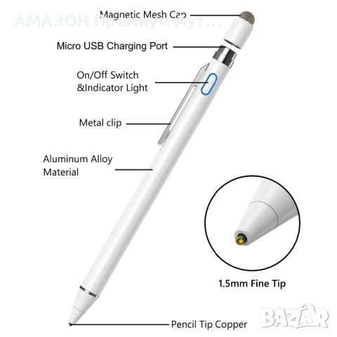 Lezun Универсален активен Stylus Pen с фин метален връх 1,5 мм, Android/IOS/Apple pencil , снимка 3 - Тъч скрийн за телефони - 51929019
