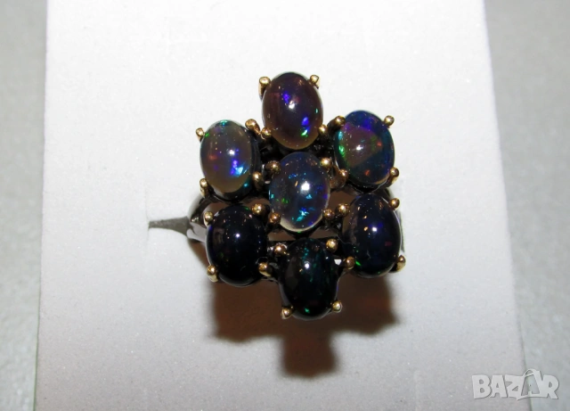 925 сребърен пръстен с родиево покритие с черни опали