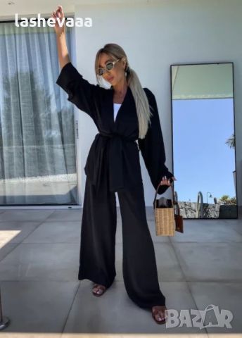 Дамски комплект кимоно и панталон в черно, снимка 4 - Костюми - 46753883