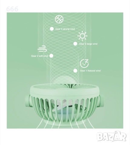 USB вентилатор, мини щипка, мощен, 3-лопатков, акумулаторен, 4-скоростен, настолен охлаждащ вентилат, снимка 2 - Друга електроника - 52896074