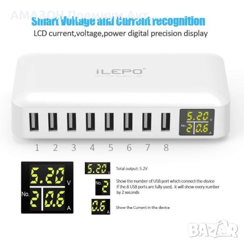 ILEPO 60W 8 порта USB бърза зарядна станция QC 3.0/LED дисплей за телефони/таблети, снимка 3 - Оригинални зарядни - 46486771