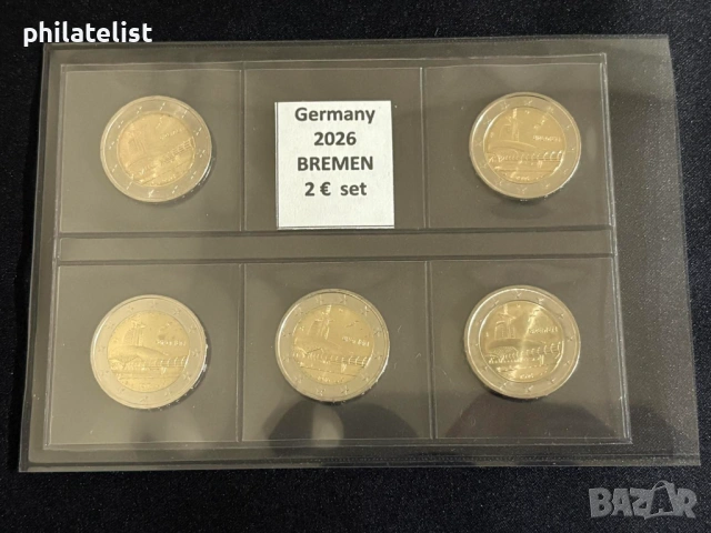 Германия 2026 – 2 евро – комплектен сет Universum Bremen , Бремен (ADFGJ) UNC, снимка 2 - Нумизматика и бонистика - 54220502