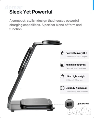 Intoval 3 в 1 безжична зарядна станция за iPhone, Apple Watch и AirPods (сива), снимка 2 - Безжични зарядни - 53532252