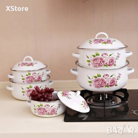 Комплект 5 бр. емайлирани тенджери с незалепващо покритите + капаци ТОП КАЧЕСТВО, снимка 2 - Съдове за готвене - 52497914